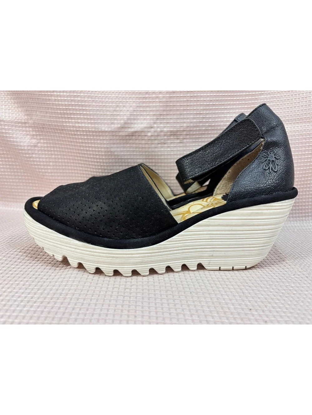 black perforated leather Fly London Yake wedge sandals Size 37 EU 6.5-7 US